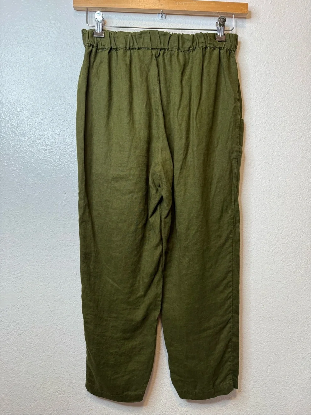 Quince Women's Martini Olive Green Linen Casual Pants Elastic Waist Size S